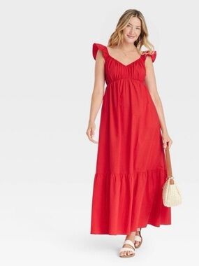 COTTON RED MAXI DRESS RUFFLE SLEEVE UNIVERSAL THREAD MEDIUM